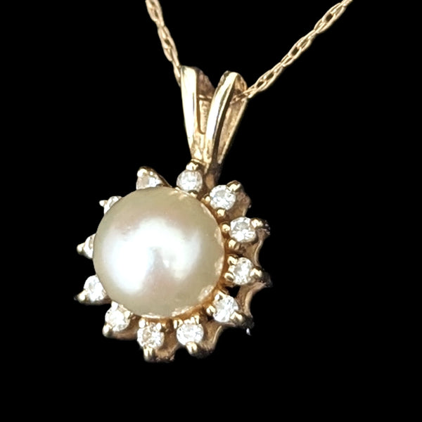 Estate Pearl Diamonds 14k Yellow Gold Halo Necklace Pendant on Chain Vintage