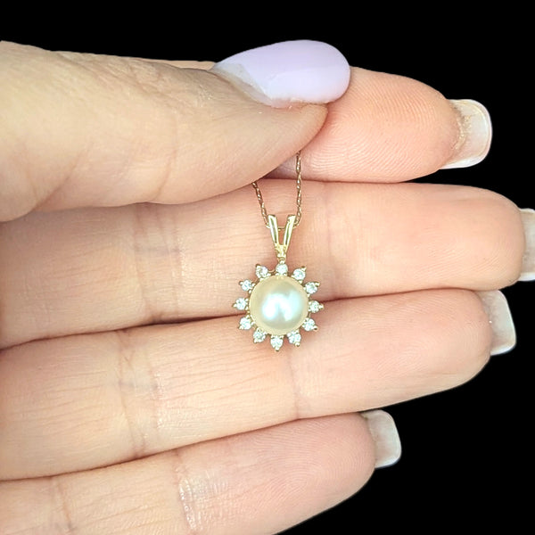 Estate Pearl Diamonds 14k Yellow Gold Halo Necklace Pendant on Chain Vintage
