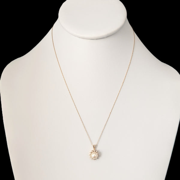 Estate Pearl Diamonds 14k Yellow Gold Halo Necklace Pendant on Chain Vintage