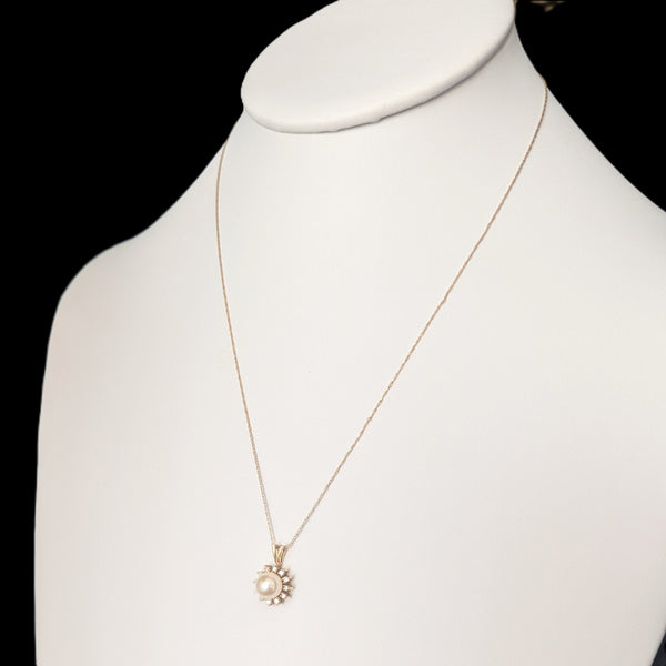 Estate Pearl Diamonds 14k Yellow Gold Halo Necklace Pendant on Chain Vintage