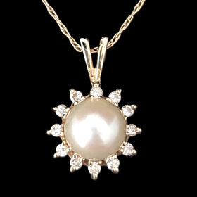 Estate Pearl Diamonds 14k Yellow Gold Halo Necklace Pendant on Chain Vintage