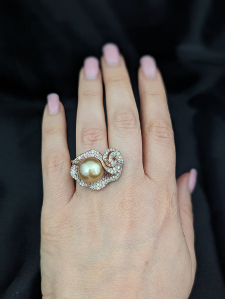 Estate Pearl Diamonds Pink Sapphires 18k Rose Gold Cocktail Ring Floral 
