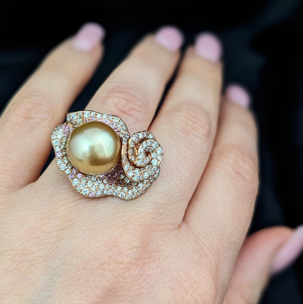 Estate Pearl Diamonds Pink Sapphires 18k Rose Gold Cocktail Ring Floral 