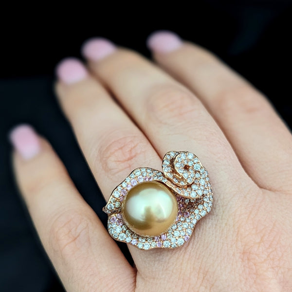 Estate Pearl Diamonds Pink Sapphires 18k Rose Gold Cocktail Ring Floral 