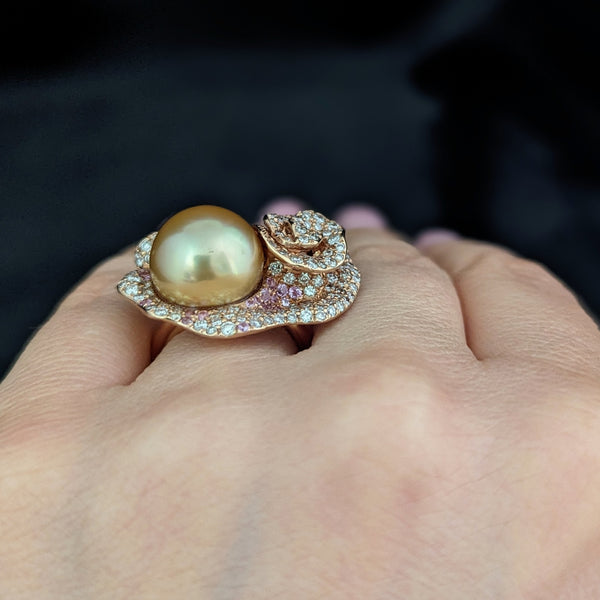 Estate Pearl Diamonds Pink Sapphires 18k Rose Gold Cocktail Ring Floral 