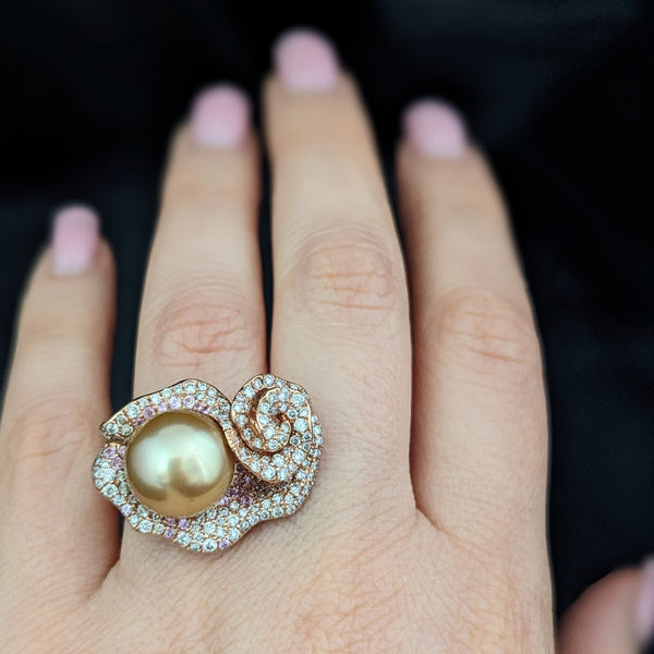 The Belton - Estate 12mm Pearl Diamonds Pink Sapphires 18k Gold Cocktail Ring