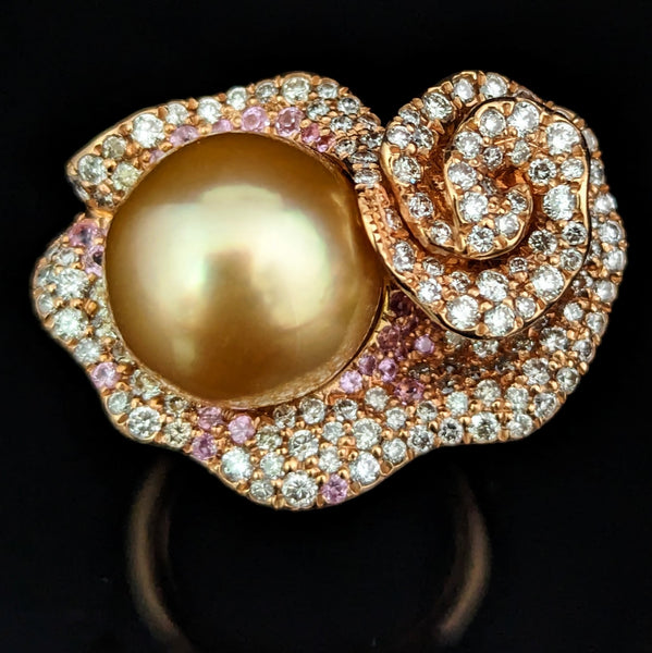 Estate Pearl Diamonds Pink Sapphires 18k Rose Gold Cocktail Ring Floral 