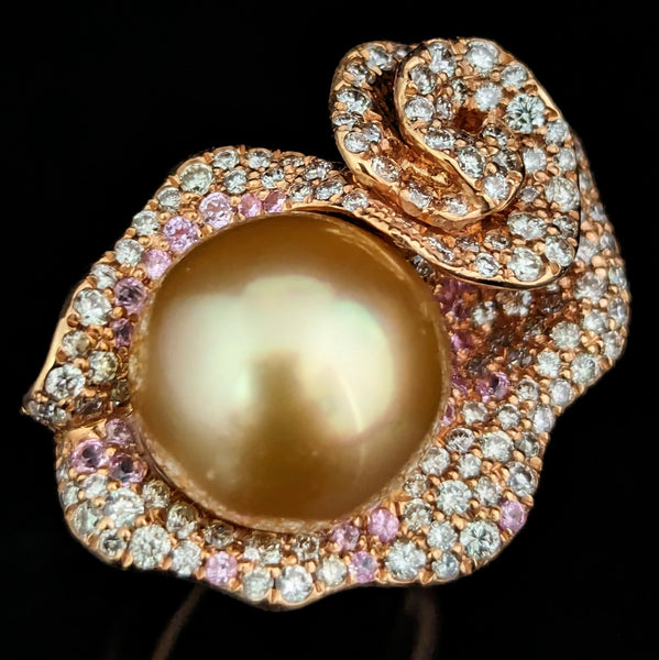 Estate Pearl Diamonds Pink Sapphires 18k Rose Gold Cocktail Ring Floral 