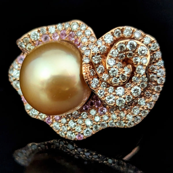 Estate Pearl Diamonds Pink Sapphires 18k Rose Gold Cocktail Ring Floral 