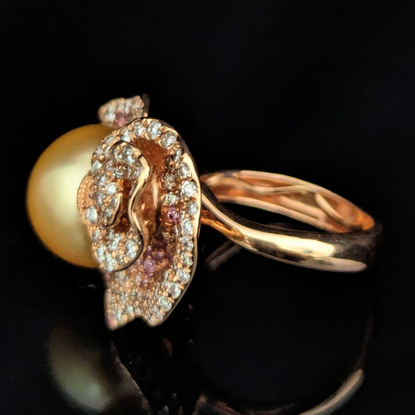 Estate Pearl Diamonds Pink Sapphires 18k Rose Gold Cocktail Ring Floral 
