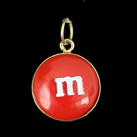 Estate Red M&M Candy Pendant 14k Yellow Gold Resin Gift Pop Art