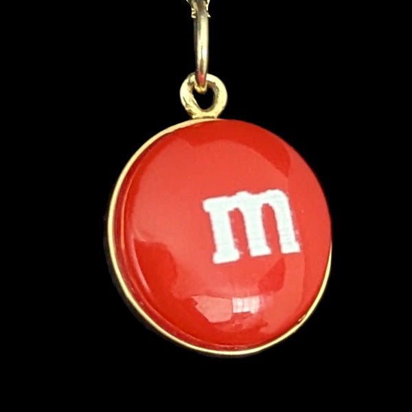 Estate Red M&M Candy Pendant 14k Yellow Gold Resin Gift Pop Art