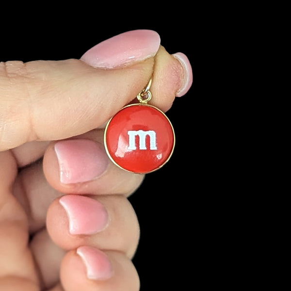 Estate Red M&M Candy Pendant 14k Yellow Gold Resin Gift Pop Art