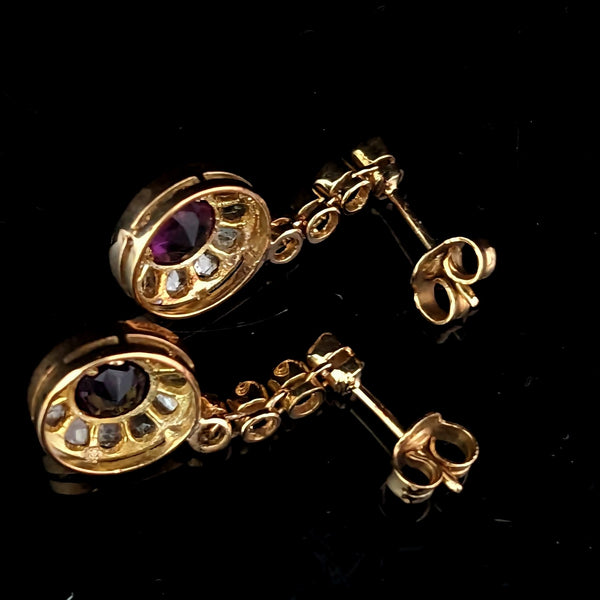 Estate Rose Cut Diamond Gemstone 14k Yellow Gold Earrings Drops Dangle Vintage 