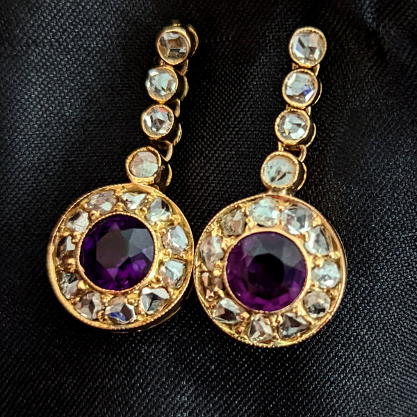Estate Rose Cut Diamond Gemstone 14k Yellow Gold Earrings Drops Dangle Vintage 