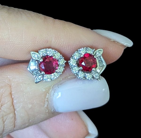 Estate Rubies Diamonds 18k White Gold Earrings Studs Baguette Rnd Cuts Vintage