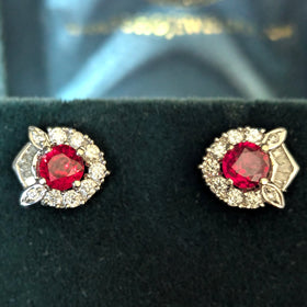 Estate Rubies Diamonds 18k White Gold Earrings Studs Baguette Rnd Cuts Vintage