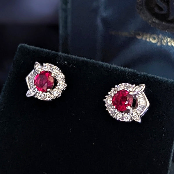 Estate Rubies Diamonds 18k White Gold Earrings Studs Baguette Rnd Cuts Vintage