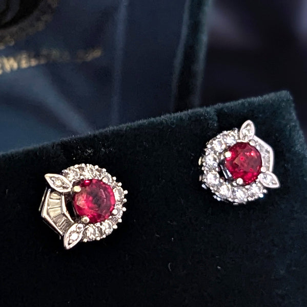 Estate Rubies Diamonds 18k White Gold Earrings Studs Baguette Rnd Cuts Vintage
