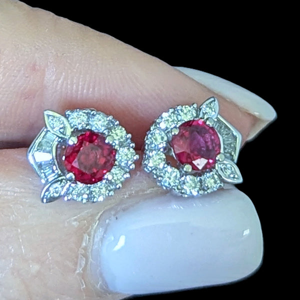 Estate Rubies Diamonds 18k White Gold Earrings Studs Baguette Rnd Cuts Vintage