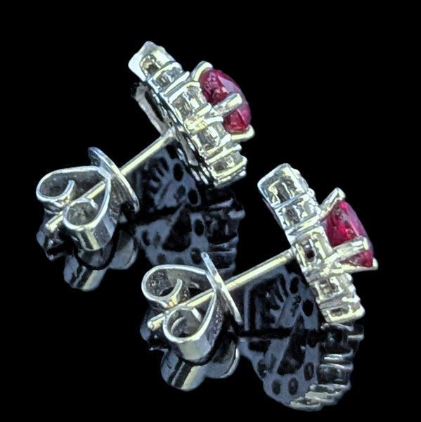 Estate Rubies Diamonds 18k White Gold Earrings Studs Baguette Rnd Cuts Vintage side view