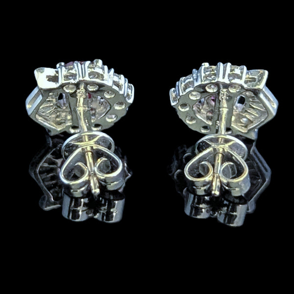 Estate Rubies Diamonds 18k White Gold Earrings Studs Baguette Rnd Cuts Vintage back view
