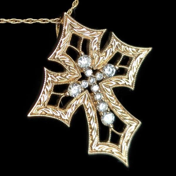 Estate SONIA B Diamonds 14k Yellow Gold Cross Necklace Pendant Sonia Bitton