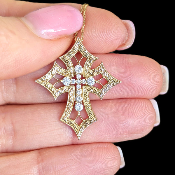 Estate SONIA B Diamonds 14k Yellow Gold Cross Necklace Pendant Sonia Bitton