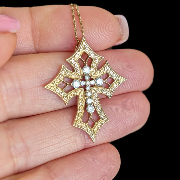 Estate SONIA B Diamonds 14k Yellow Gold Cross Necklace Pendant Sonia Bitton
