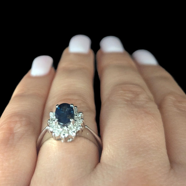 Estate Sapphire Diamonds 14k White Gold Halo Ring Vintage Statement / Engagement