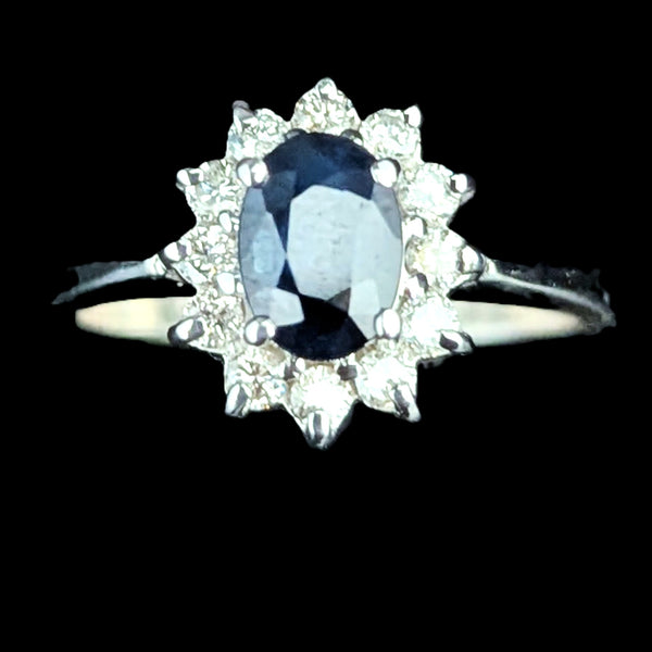 Estate Sapphire Diamonds 14k White Gold Halo Ring Vintage Statement / Engagement