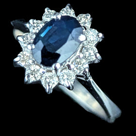 Estate Sapphire Diamonds 14k White Gold Halo Ring Vintage Statement / Engagement