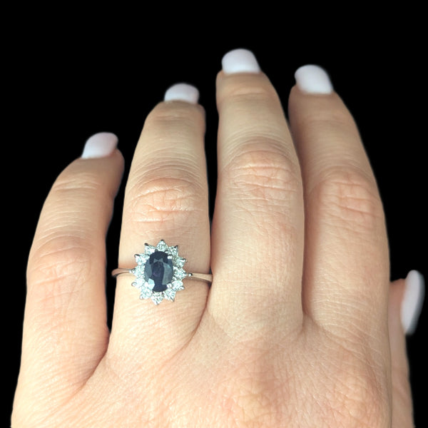 Estate Sapphire Diamonds 14k White Gold Halo Ring Vintage Statement / Engagement