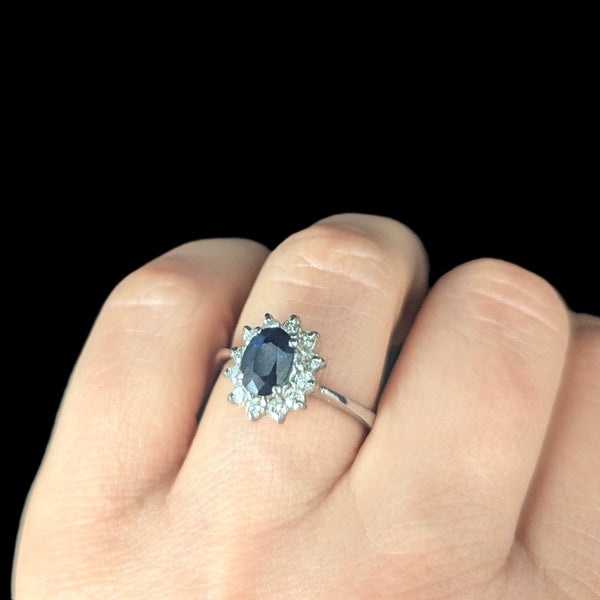 Estate Sapphire Diamonds 14k White Gold Halo Ring Vintage Statement / Engagement