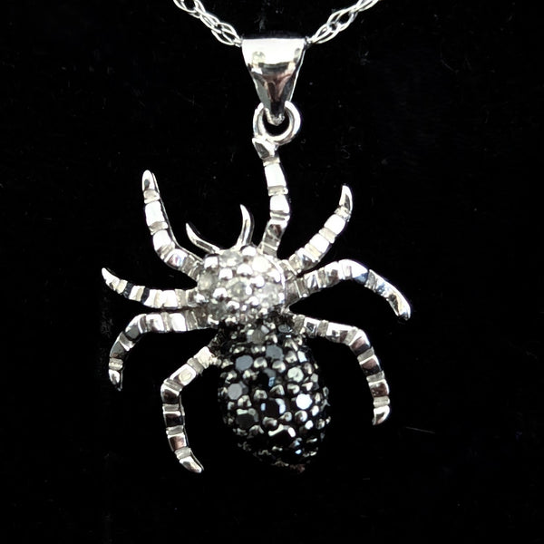 Estate Spider Necklace White and Black Diamonds 10k White Gold Pendant Chain Bug