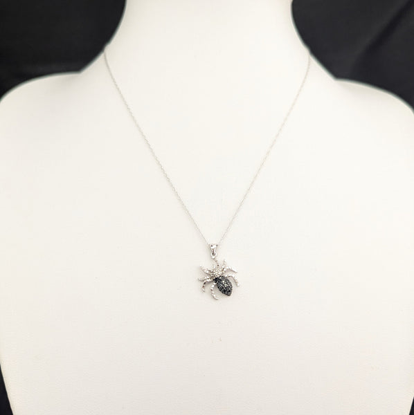 Estate Spider Necklace White and Black Diamonds 10k White Gold Pendant Chain Bug