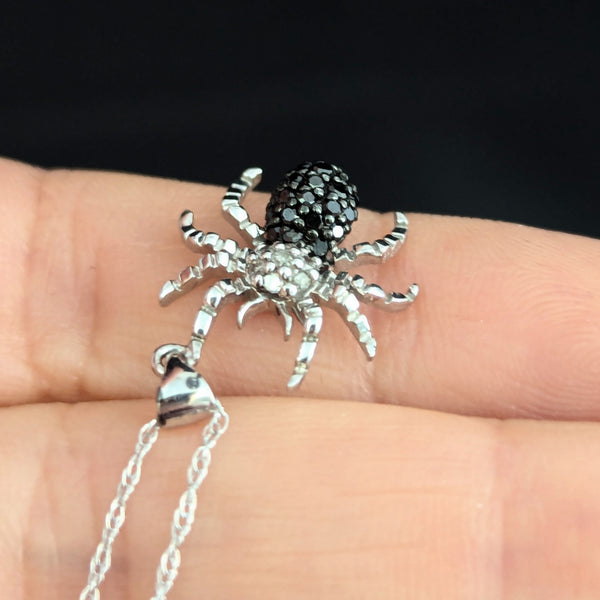 Estate Spider Necklace White and Black Diamonds 10k White Gold Pendant Chain Bug