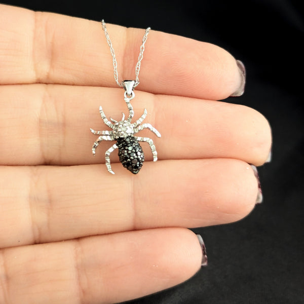 Estate Spider Necklace White and Black Diamonds 10k White Gold Pendant Chain Bug
