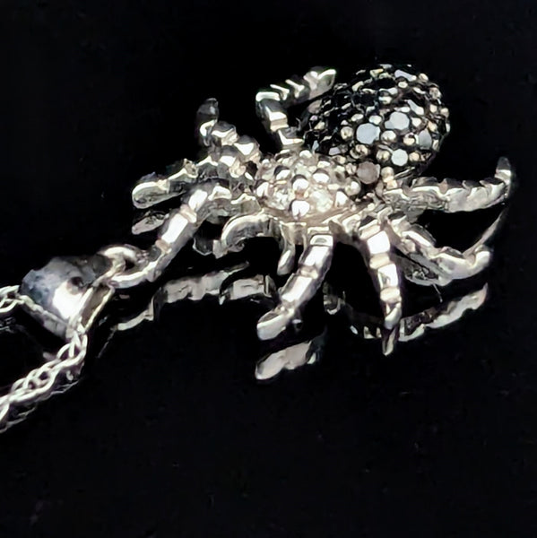 Estate Spider Necklace White and Black Diamonds 10k White Gold Pendant Chain Bug