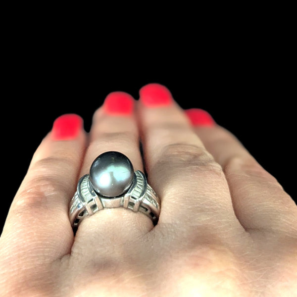 Estate Pearl Diamonds 14k White Gold Ring Statement Vintage Cocktail Band Gift