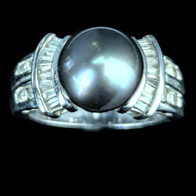 Estate Pearl Diamonds 14k White Gold Ring Statement Vintage Cocktail Band Gift