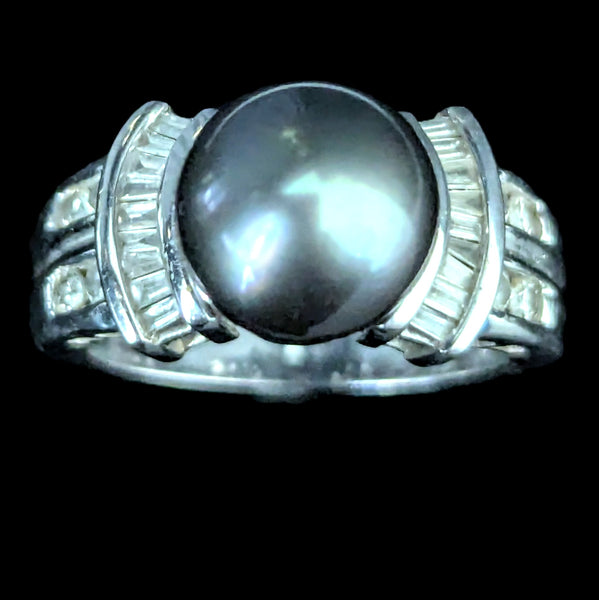Estate Pearl Diamonds 14k White Gold Ring Statement Vintage Cocktail Band Gift