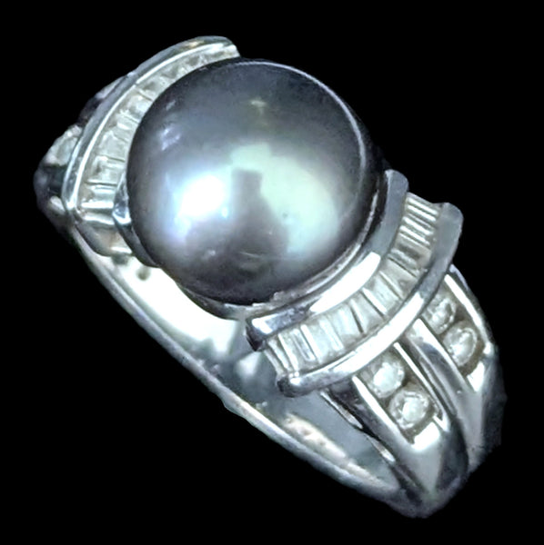 Estate Pearl Diamonds 14k White Gold Ring Statement Vintage Cocktail Band Gift