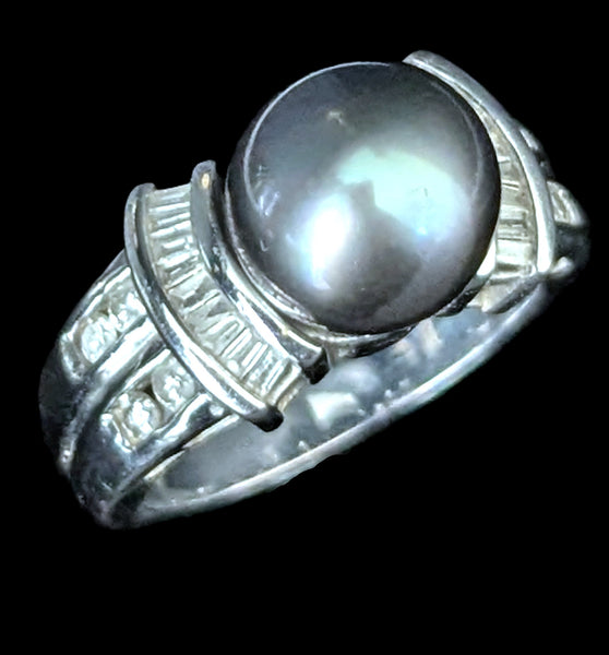 Estate Pearl Diamonds 14k White Gold Ring Statement Vintage Cocktail Band Gift