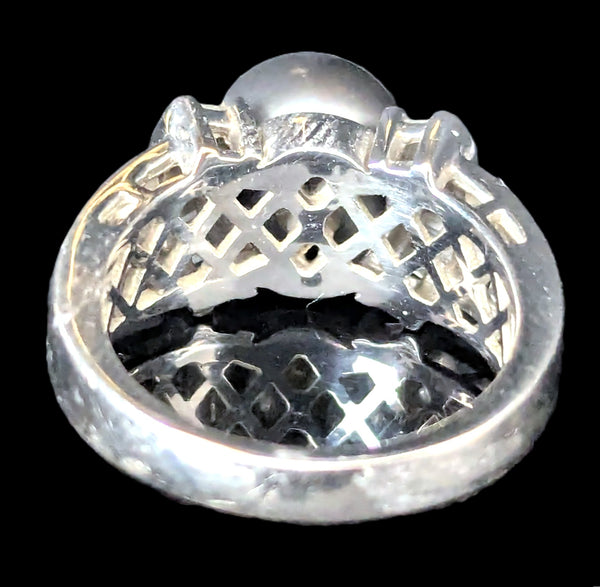 Estate Pearl Diamonds 14k White Gold Ring Statement Vintage Cocktail Band Gift