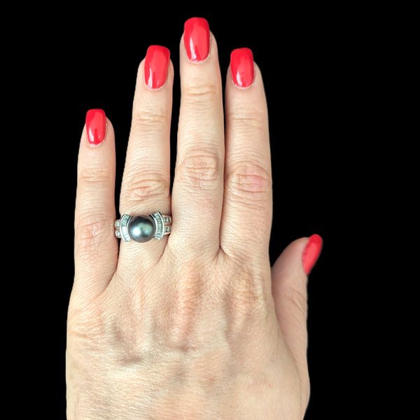 Estate Pearl Diamonds 14k White Gold Ring Statement Vintage Cocktail Band Gift