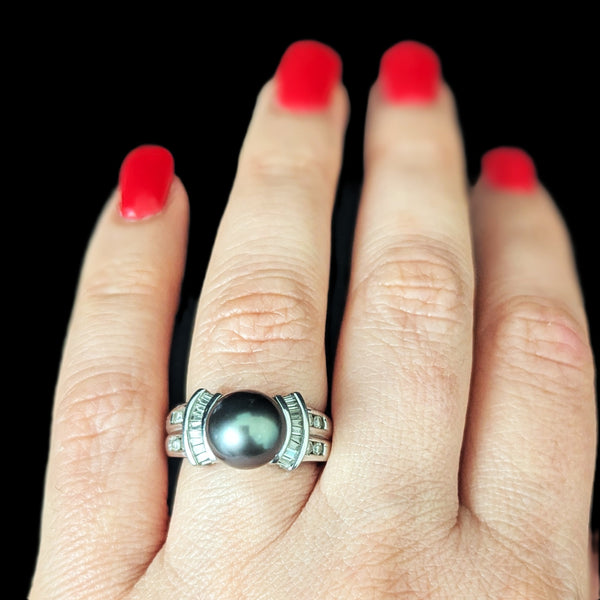 Estate Pearl Diamonds 14k White Gold Ring Statement Vintage Cocktail Band Gift