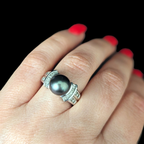 Estate Pearl Diamonds 14k White Gold Ring Statement Vintage Cocktail Band Gift