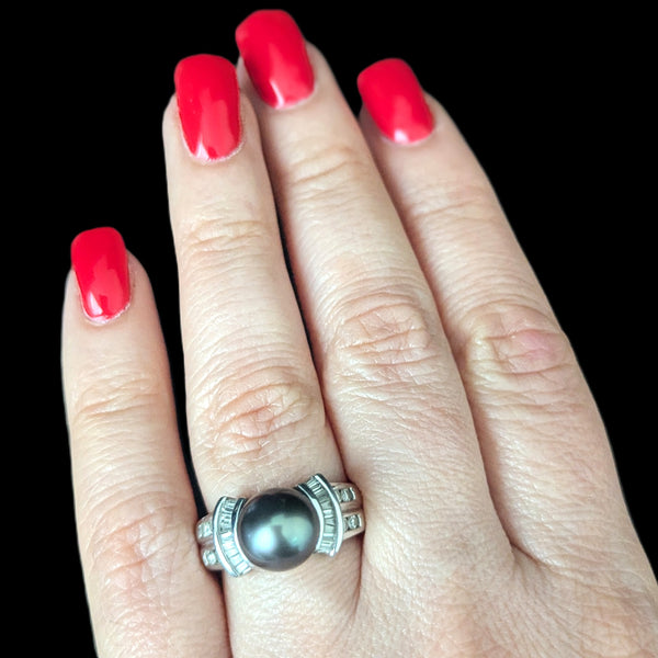 Estate Pearl Diamonds 14k White Gold Ring Statement Vintage Cocktail Band Gift