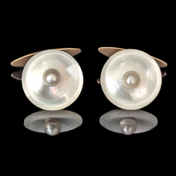 Fine Vintage 14K Gold Mother of Pearl Cufflinks w/ Pearl Accents Whale Back